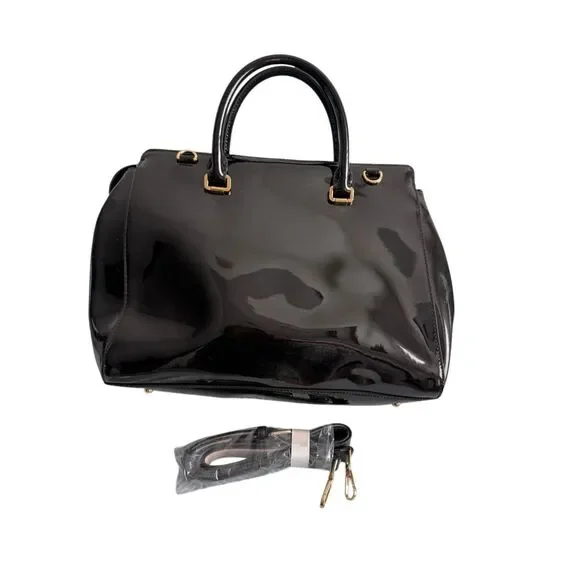 Lauren Ralph Lauren Womens Black Patent Leather Crossbody Satchel Bag Large - Picture 7 of 14